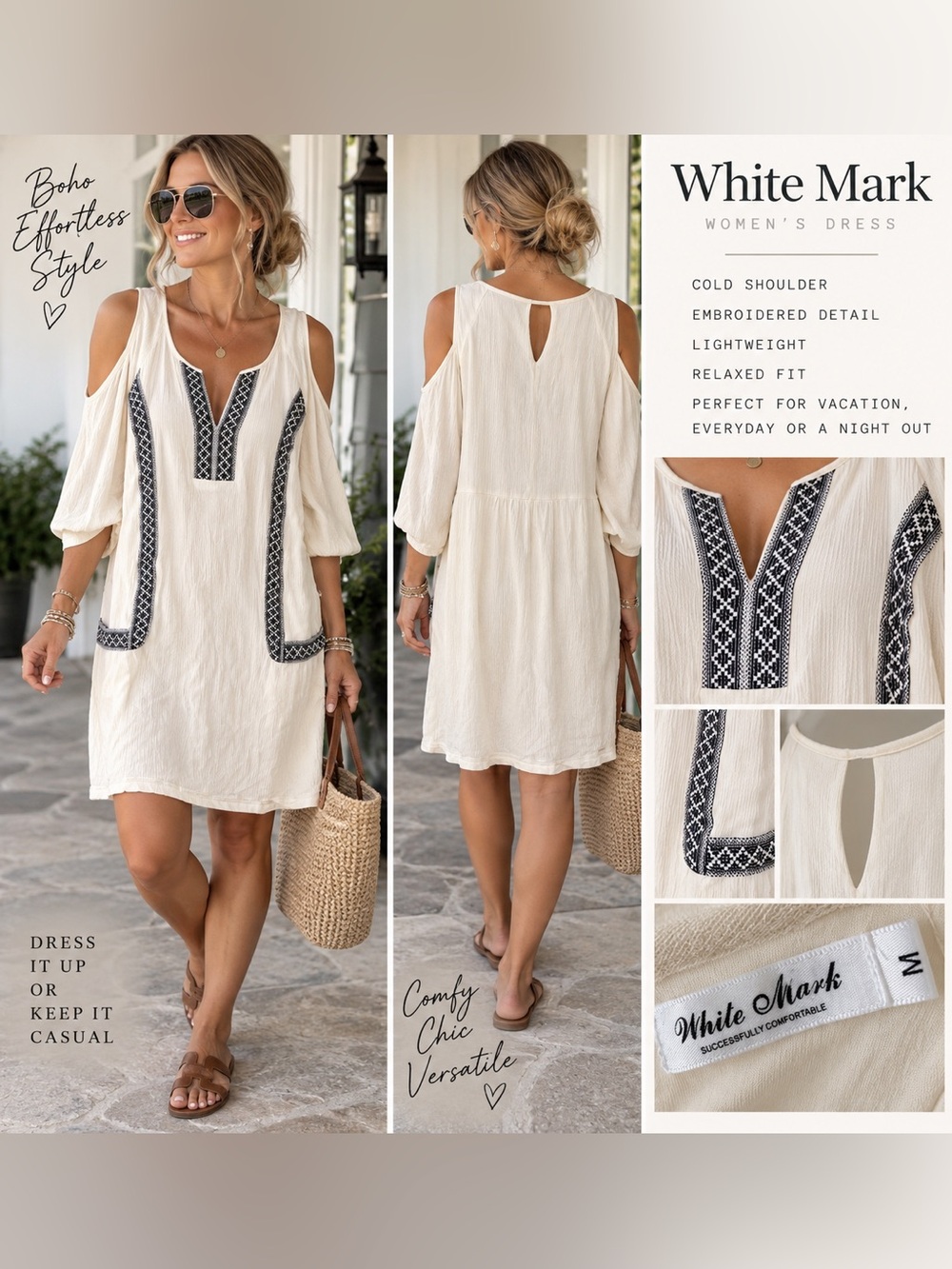 White Mark Boho Cold Shoulder Dress – Cream & Black – Size Medium